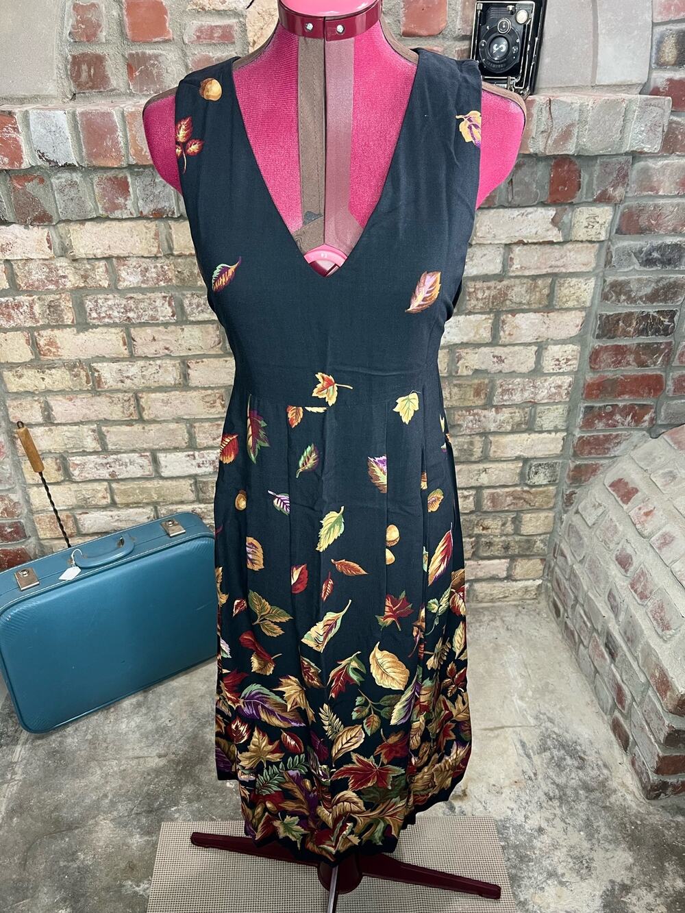 dress falling leaves sun dress jumper yellow rust V neck